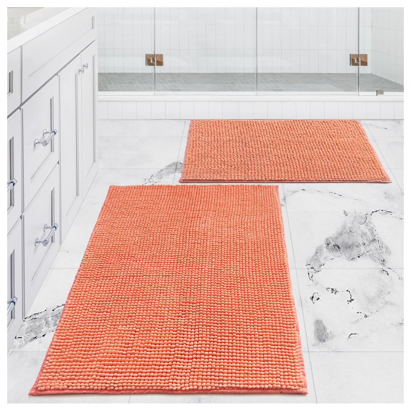Civkor Bath Mat Rug, Comfy Chenille Non Slip Bathroom Mats Rugs with Soft & Absorbent Shag, Machine Washable, Bath Rug for Bathroom Set of 2, Light Orange/Coral, 31x20 and 24x16 Inch - Image 1